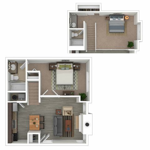 Chic 2D floor plan showcasing a two-story layout with two spacious bedrooms, inviting living room, modern open kitchen, and elegant bathrooms.