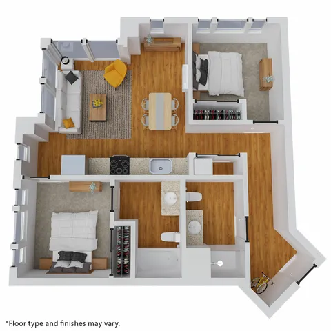 Chic 3D floor plan featuring two bedrooms, inviting living room, modern kitchen, and stylish dining area with wood flooring throughout.