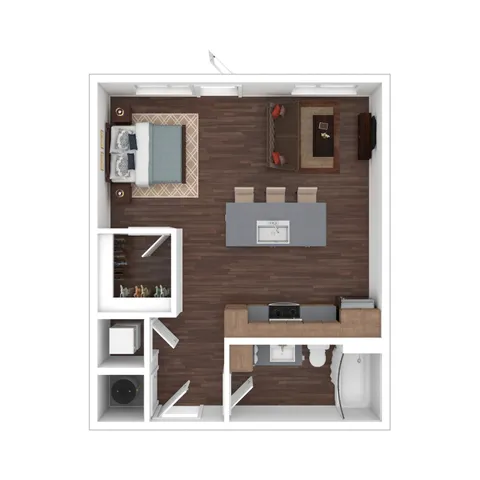 Modern floor plan showcasing a spacious studio layout with a cozy sleeping area, sleek kitchen island, and inviting living space.