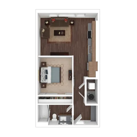 Modern 3D floor plan featuring a luxurious one-bedroom apartment with an open living area, sleek kitchen, and elegant bathroom layout.