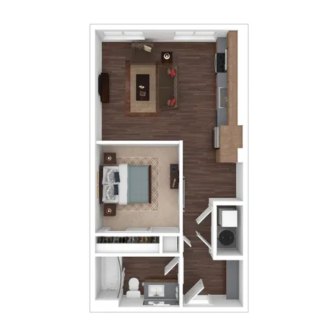 Modern 3D floor plan showcasing a cozy one-bedroom apartment with an open-concept living area, sleek kitchen, and elegant bathroom.