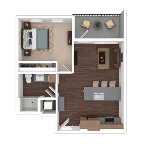 Inviting 3D floor plan showcasing a cozy one-bedroom layout with an open-concept living area, modern kitchen with an island, and private balcony space.