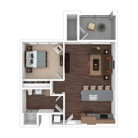Modern 1-bedroom apartment floor plan featuring an open-concept living area, sleek kitchen, and cozy balcony.