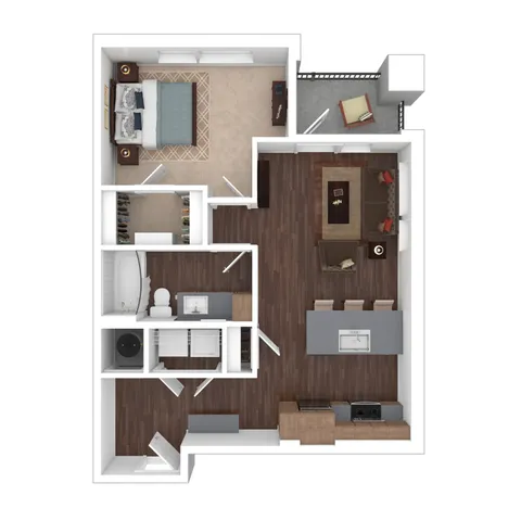Modern floor plan featuring a spacious one-bedroom layout with an open living and dining area, sleek kitchen, elegant bathroom, and private balcony.