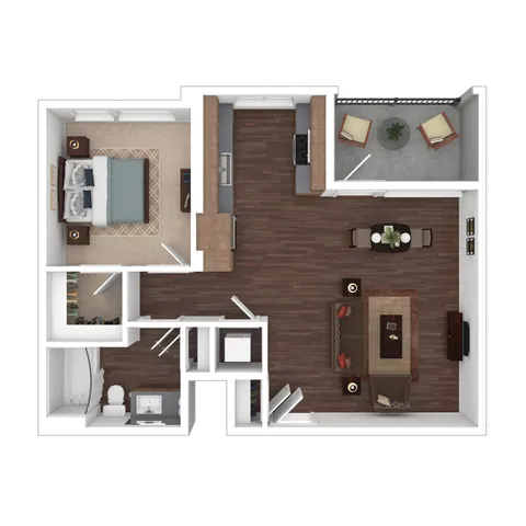 Modern floor plan showcasing one bedroom, spacious living and dining area, sleek kitchen, stylish bathroom, and a cozy balcony.