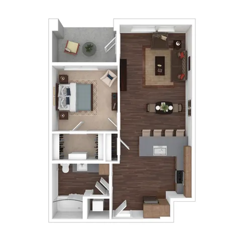 Modern 1-bedroom apartment floor plan with open-concept living area, sleek kitchen, and cozy patio.