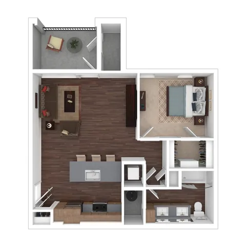 Modern open-plan floor layout featuring one bedroom, spacious living area with wooden flooring, stylish kitchen with island, and private balcony.