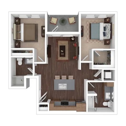 Modern 3D floor plan showcasing 2 elegant bedrooms, an open-concept living and dining area, sleek kitchen with island, and private balcony.