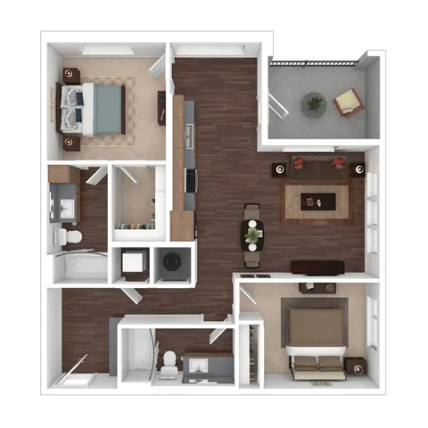 Modern 2D floor plan showcasing 2 spacious bedrooms, an elegant open-concept living and dining area, and a private balcony.