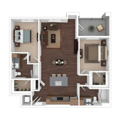Contemporary floor plan showcasing stylish 2 bedrooms with en-suite baths, an open-concept living area, a modern kitchen, and a cozy balcony.