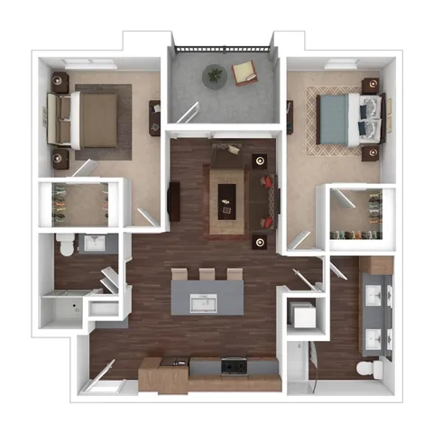 Modern 2D floor plan showcasing 2 spacious bedrooms, open-concept living and dining area, stylish kitchen with island, and a cozy balcony.
