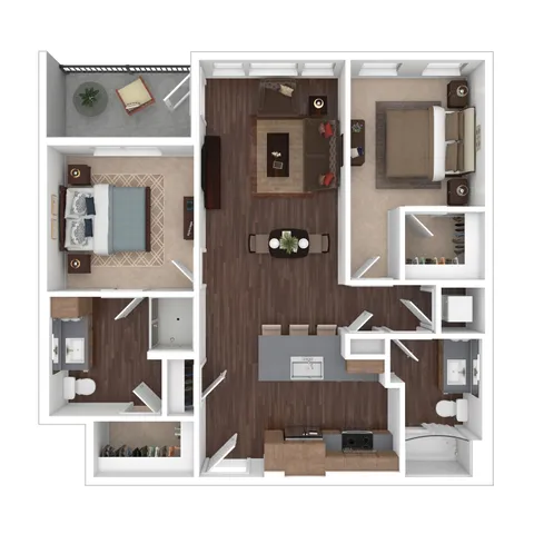 Modern apartment floor plan showcasing 2 spacious bedrooms, sleek kitchen with island, cozy open-concept living area, and private balcony.