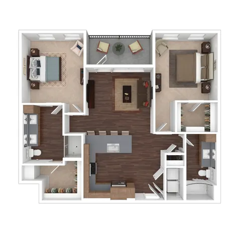 Modern floor plan showcasing 2 spacious bedrooms, stylish open-concept kitchen, inviting living area, and 2 elegant bathrooms.