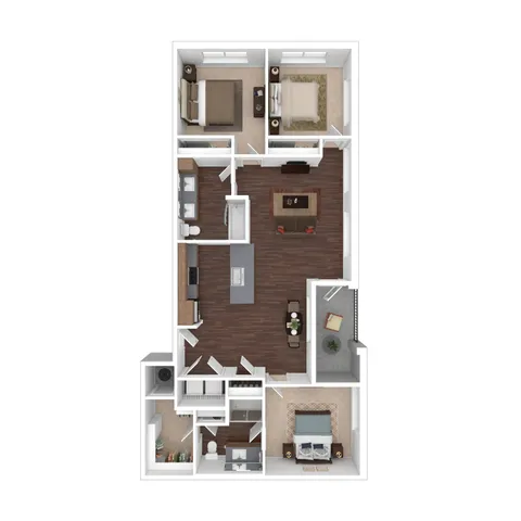 Modern 3D floor plan showcasing a 2-bedroom apartment with a cozy open-concept living area, stylish kitchen, and spacious bathrooms.