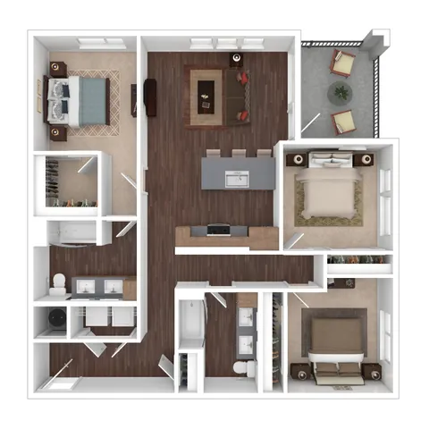 Modern 3D floor plan showcasing three bedrooms, open-concept living and dining area, stylish kitchen island, and private balcony.