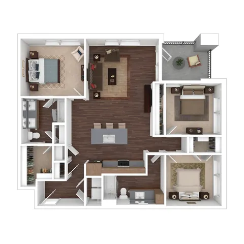 Elegant 3D floor plan showcasing 3 bedrooms, a modern open-concept living room, and a spacious kitchen with island seating.