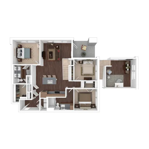 Inviting floor plan featuring 3 bedrooms, open-concept living area, modern kitchen, and cozy balcony, perfect for comfortable living.