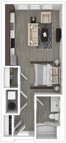 Modern 2D floor plan featuring a cozy bedroom, stylish living area, sleek kitchen, and well-appointed bathroom with ample storage space.