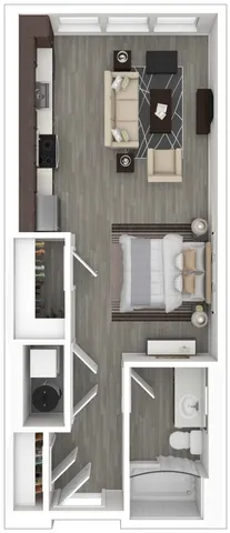 Modern studio floor plan showcasing an open layout with a cozy bedroom, inviting living area, sleek kitchen, and compact bathroom.