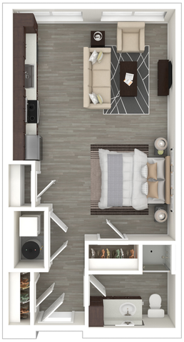 Modern apartment floor plan featuring a cozy bedroom, stylish bathroom, open-concept living room, and sleek kitchen with ample natural light.