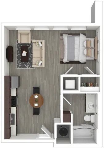 Modern studio floor plan showcasing an open-concept living area with a cozy bedroom, stylish kitchen, and elegant bathroom.