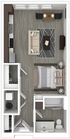 Contemporary floor plan featuring a cozy studio apartment with open-concept living space, fully-equipped kitchen, and elegant bedroom area.