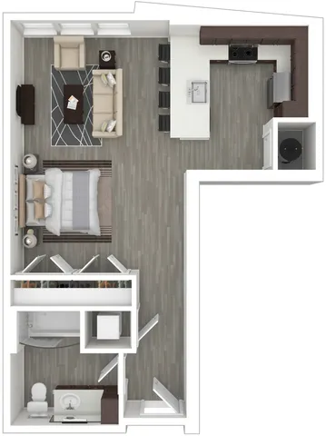 Elegant open-concept apartment floor plan featuring a spacious kitchen with an island, cozy living area, and stylish bedroom.