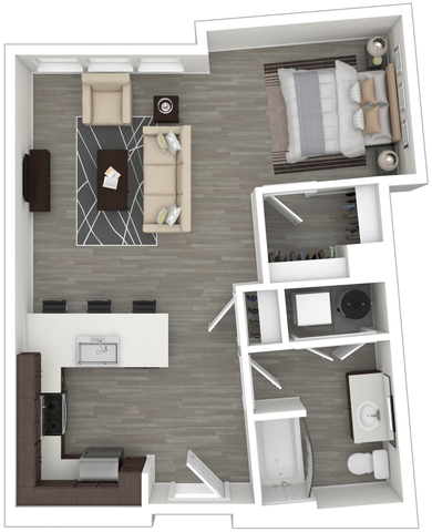 Modern 1-bedroom apartment floor plan featuring an open-concept living area, sleek kitchen with bar seating, and cozy bedroom with ample closet space.