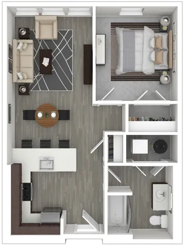 Modern floor plan showcasing a spacious one-bedroom apartment with an open-concept living and dining area, sleek kitchen, and well-appointed bathroom.
