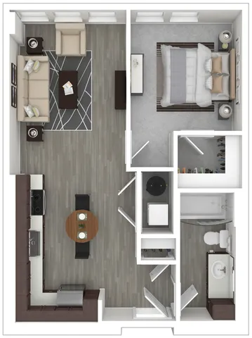 Contemporary floor plan illustration showcasing an open-concept living area, one bedroom, modern kitchen, and well-designed bathroom.