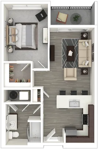 Modern floor plan showcasing a cozy bedroom, contemporary open-concept living and kitchen area, sleek bathroom, and private balcony.