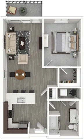 Modern 2D floor plan showcasing a cozy one-bedroom apartment with open-plan living, chic kitchen design, and inviting balcony space.
