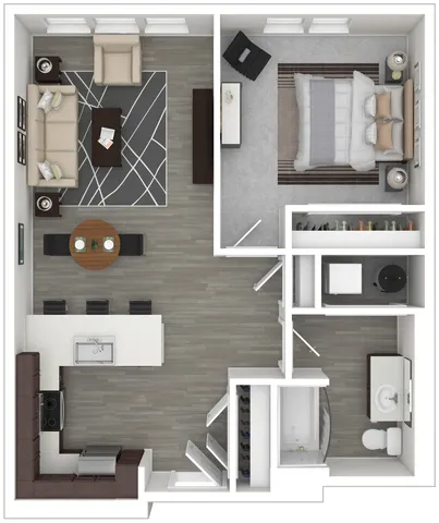 Chic open-concept floor plan showcasing a spacious living room, modern kitchen with breakfast bar, cozy bedroom, and stylish bathroom.