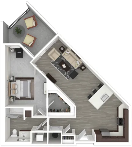 Modern 1-bedroom apartment floor plan featuring an open-concept living area with a stylish kitchen and a cozy balcony.