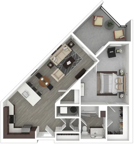 Modern apartment floor plan with one bedroom, open-concept living and dining area, sleek kitchen, and private balcony.
