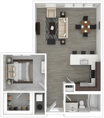 Chic 2D floor plan featuring a cozy bedroom, modern kitchen with island seating, and a stylish open-concept living and dining area.