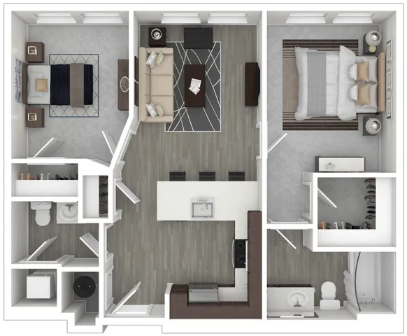 Modern 2D floor plan showcasing 2 bedrooms, a stylish open-concept living and dining area, and an efficient kitchen layout.