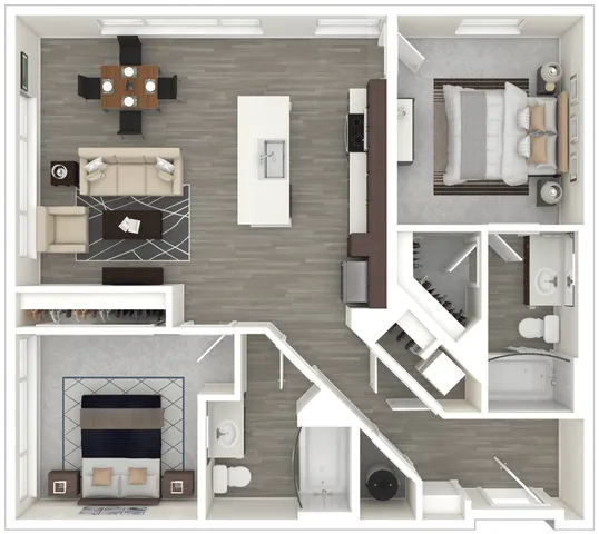 Contemporary 2D floor plan showcasing 2 bedrooms, an elegant kitchen, open-concept living and dining area, and two modern bathrooms, perfect for stylish living.
