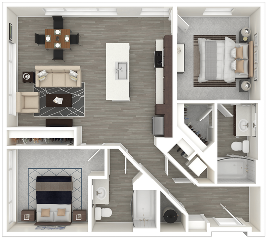 Modern floor plan showcasing 2 spacious bedrooms, elegant open-concept living and dining area, sleek kitchen with island, and two well-appointed bathrooms.