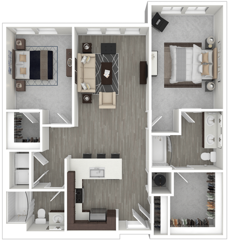 Elegant floor plan with 2 cozy bedrooms, modern open kitchen with island seating, spacious living room, dual-sink bathroom, and ample closet space.