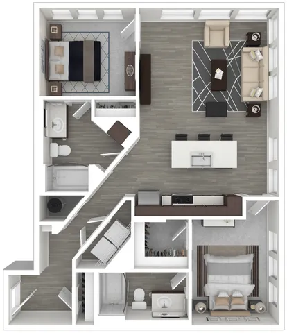 Modern floor plan showcasing a stylish 2-bedroom apartment with an open-concept living and kitchen area, inviting natural light, and elegant furnishings.
