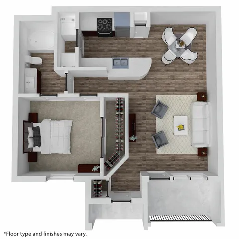 Modern 1-bedroom apartment floor plan with open-concept living and dining area, stylish kitchen, and elegant bathroom.