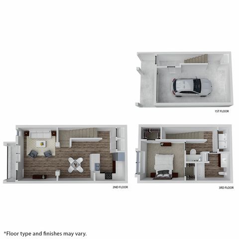 Modern three-level floor plan with a garage on the first floor, open-concept living and dining area on the second floor, and comfortable bedroom suite on the third floor.