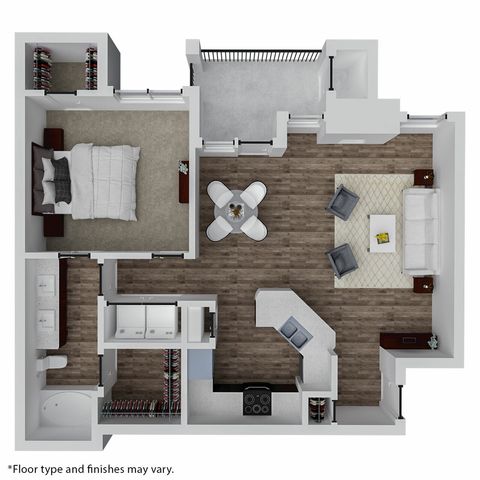 Contemporary 1-bedroom apartment floor plan with open living area, modern kitchen, cozy dining space, and private balcony.