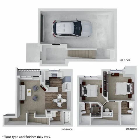 Contemporary 3D floor plan with an integrated garage at ground level, spacious open-concept living and kitchen area on the second floor, and two cozy bedrooms with en-suite bathrooms on the third floor.
