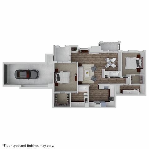 Contemporary 3D floor plan showcasing 2 bedrooms, spacious living area, modern kitchen, and attached garage.