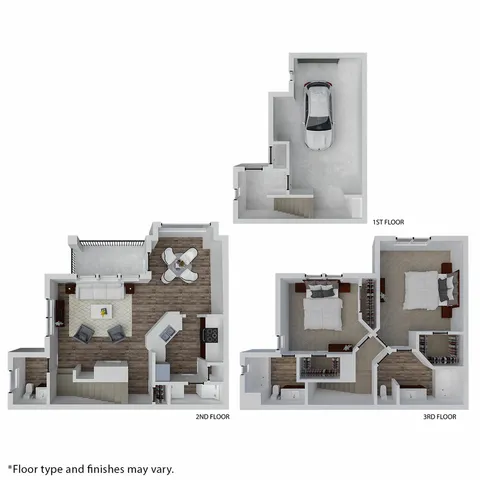 Contemporary 3D floor plan showcasing a garage on the 1st floor, an open-concept living and dining area on the 2nd floor, and two cozy bedrooms on the 3rd floor with modern bathrooms.