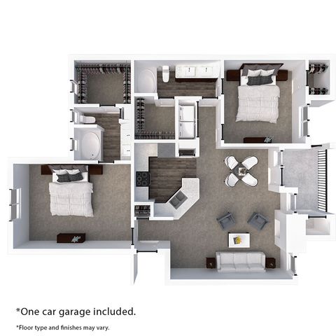 Modern 3D floor plan featuring 2 bedrooms, 2 bathrooms, an open-concept living area, and a stylish kitchen. Includes a one-car garage.