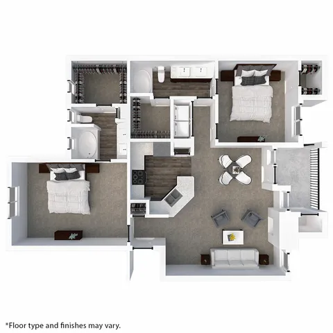 Modern 3D floor plan showcasing 2 bedrooms, 2 bathrooms, an elegant kitchen, and an open-concept living and dining area with balcony access.