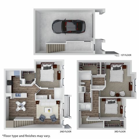 Modern three-story floor plan featuring a garage on the first floor, an open-concept kitchen and living area with one bedroom on the second floor, and two spacious bedrooms with ample closet space on the third floor.